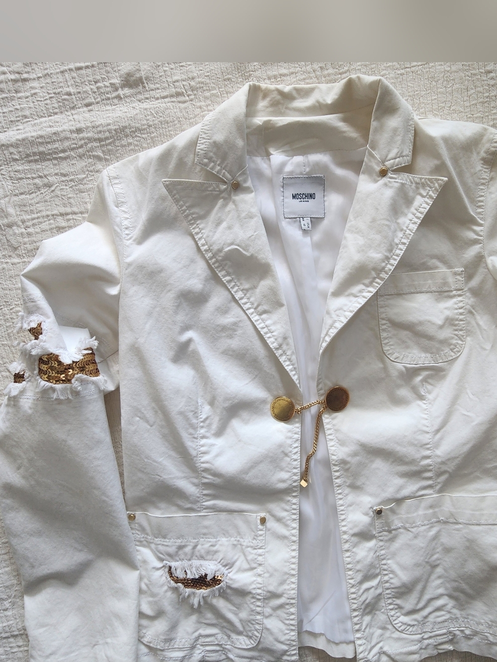 Vintage Moschino Jeans Donna Blazer Distressed White Gold Chain Jacket